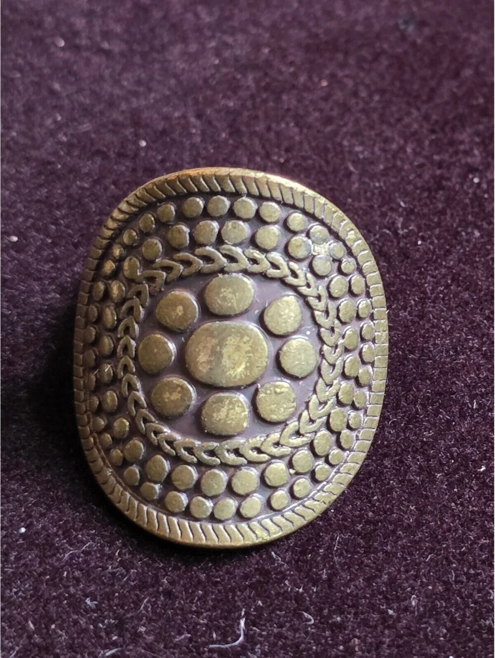 Vintage 1980's Brass Tone Textured Oval Shield Ring Adjustable
